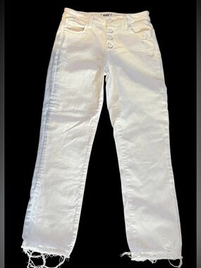 PAIGE Gorgeous White Summer Button-Front Straight-Leg Jeans with Frayed Hem
